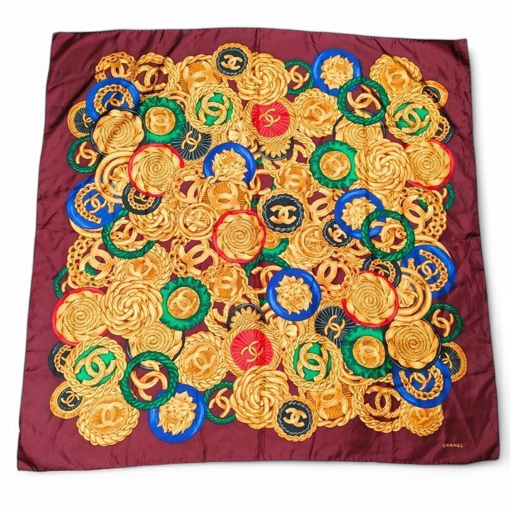 CHANEL Burgundy & Gold CC Logo Jewelry Motif Silk Scarf
